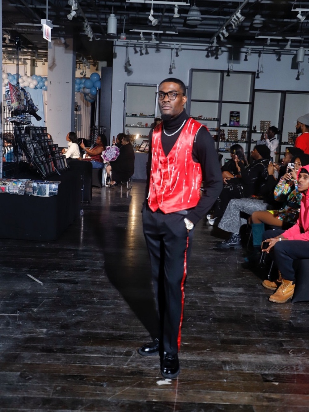 Red Satin Vest & Matching Stripe Trousers Set | Men’s Runway Sample | Size M
